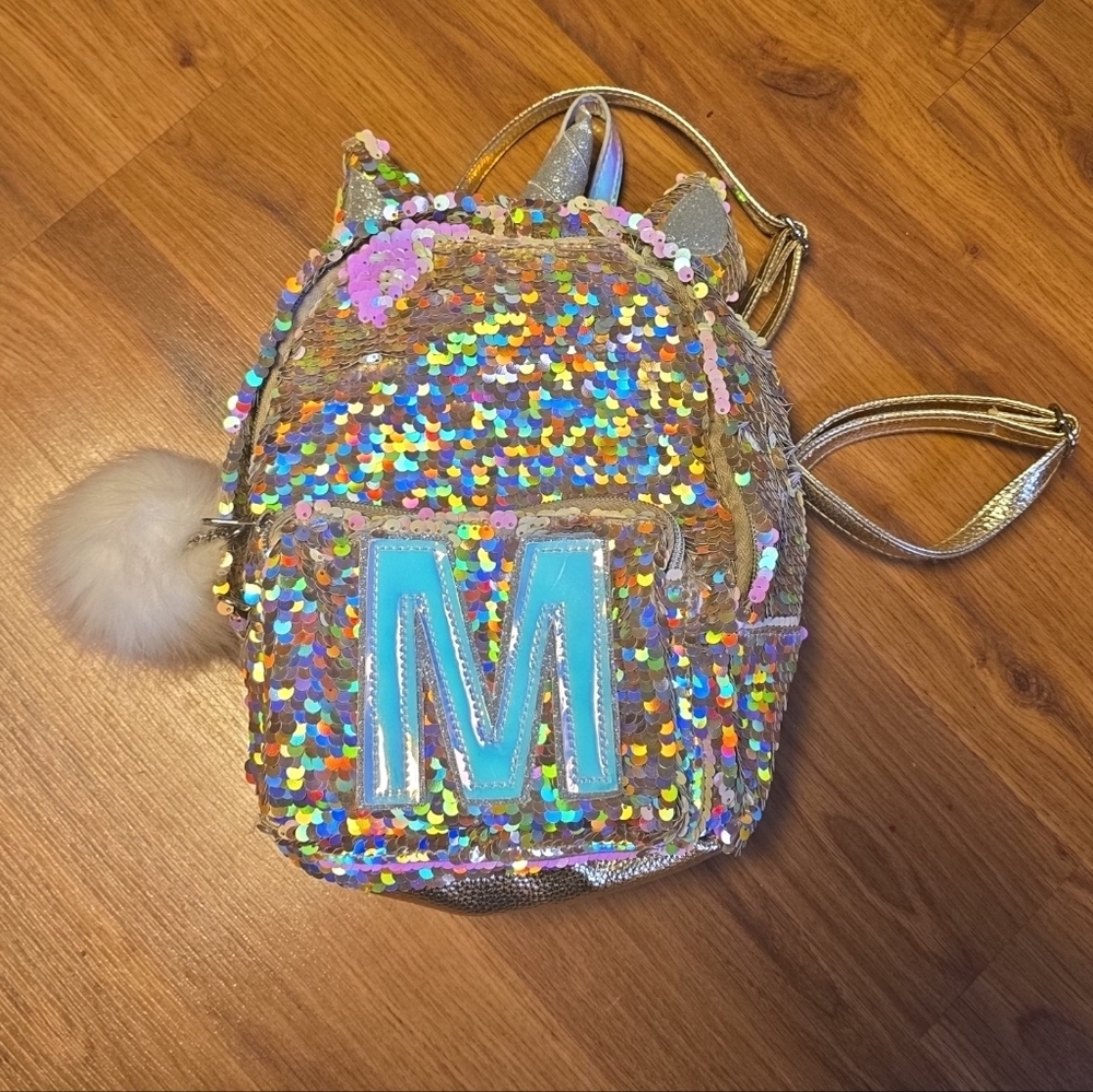 Justice Multicolor Sequin Backpack with Blue Initial